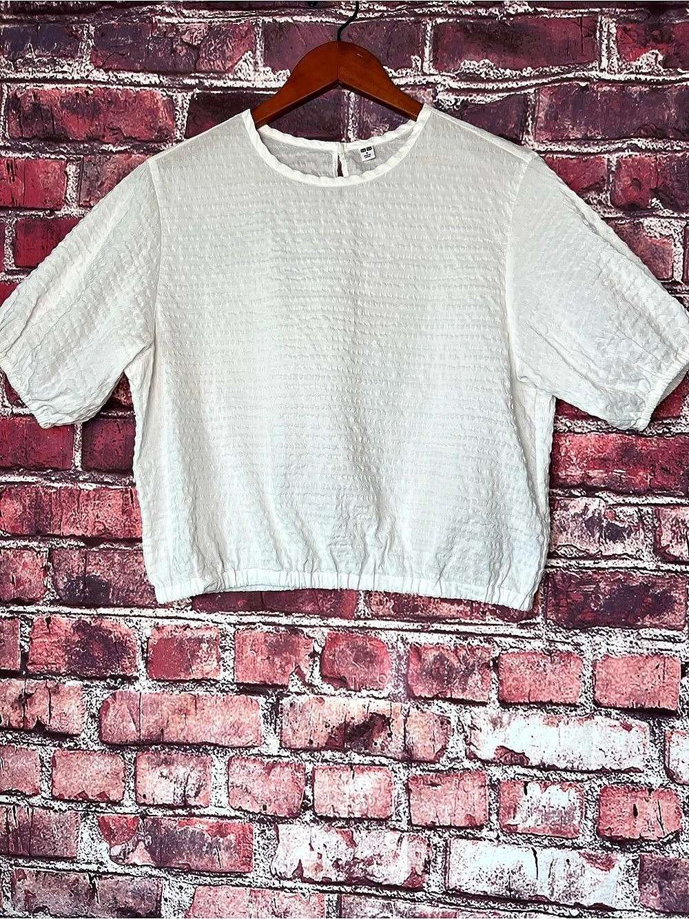 Uniqlo Seersucker Volume Puff Sleeve Blouse White Women's Size Medium